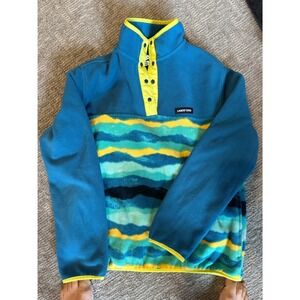 Lands End Womens Fleece Pullover Snap Neck Teal Blue Abstract Stripe M 10-12